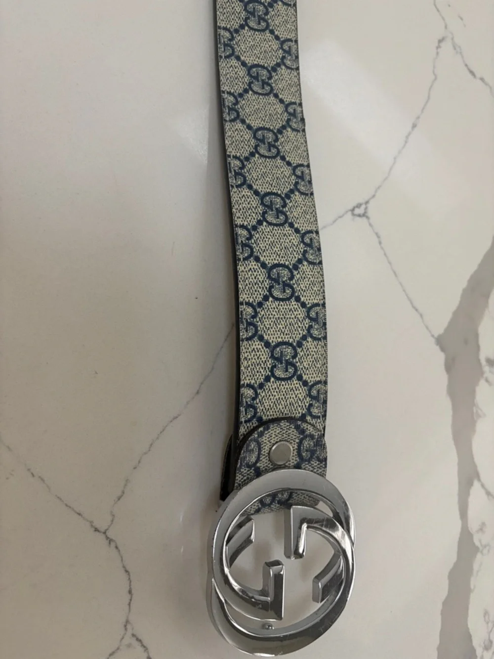 Gucci Beige & Blue Monogram Skinny Belt with Silver GG Buckle